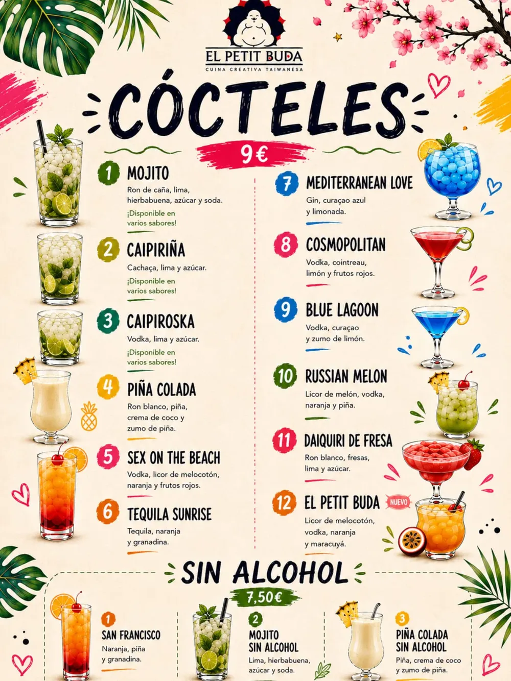 Cartell amb la carta de còctels d'El Petit Buda: dotze còctels a 9 euros i tres sense alcohol a 7,50 euros