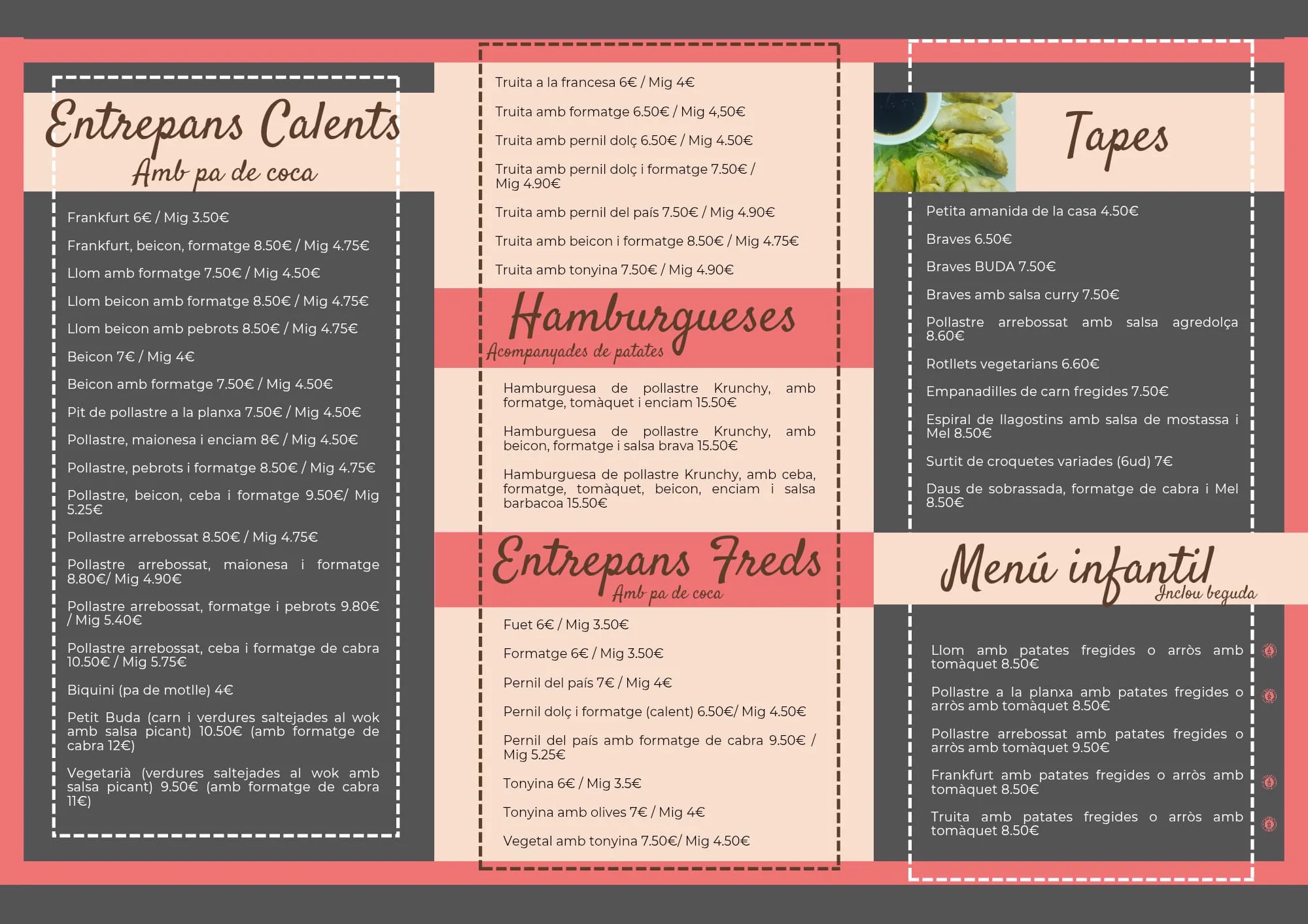 Segona cara del cartell de la carta: entrepans calents i freds, truites, hamburgueses, tapes i menú infantil amb els seus preus