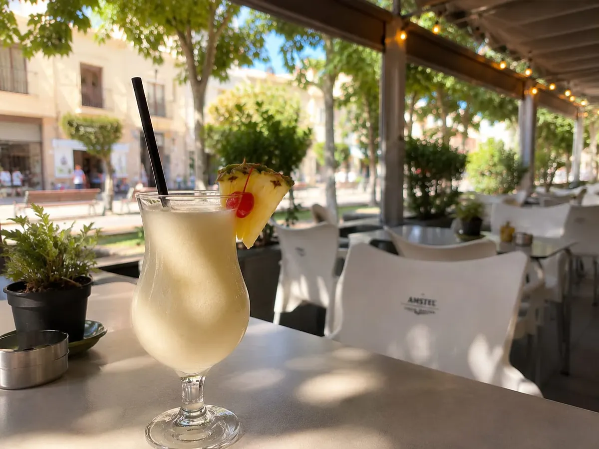 Piña colada en una taula de la terrassa d'El Petit Buda